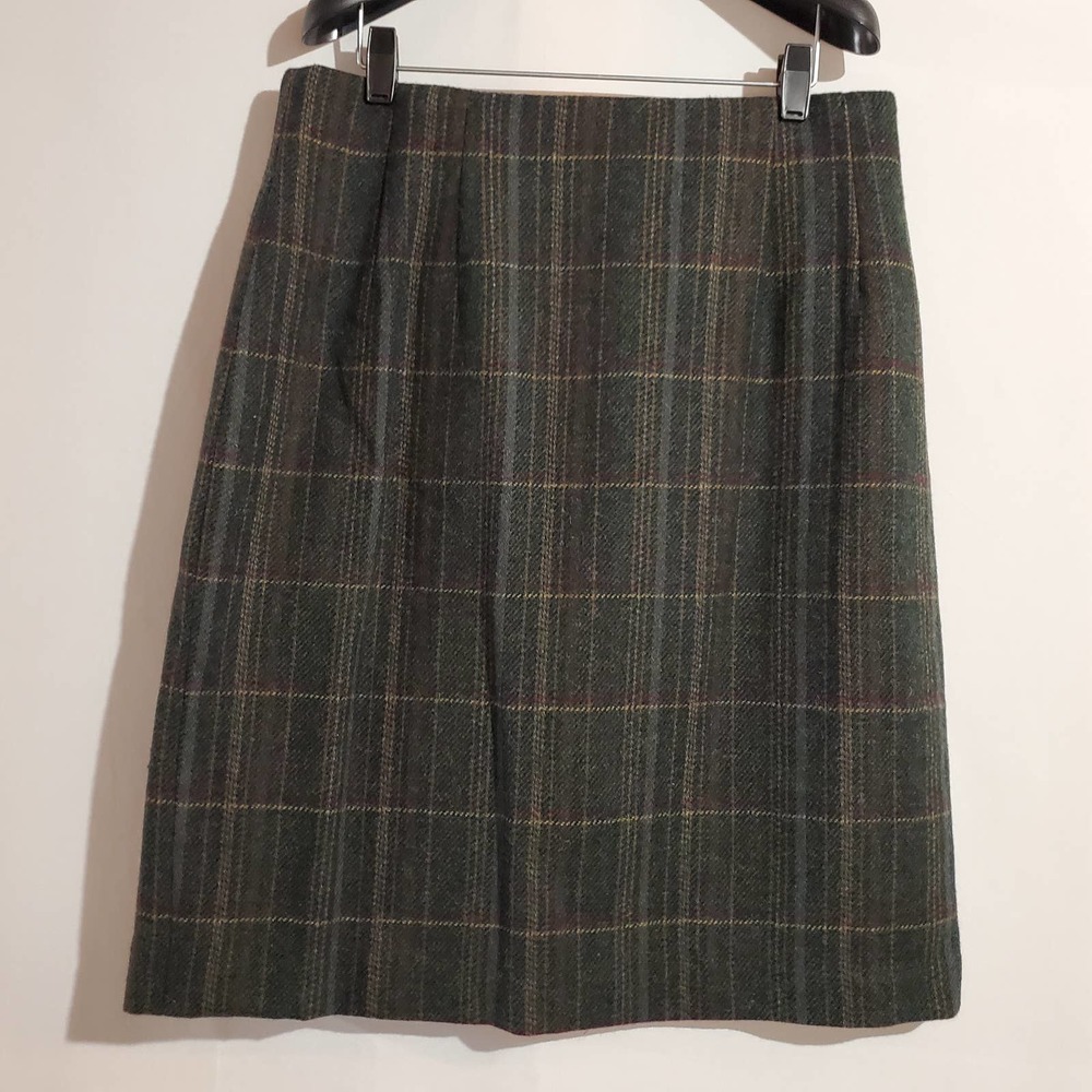 Adolfo Green Plaid A-Line Wool Skirt